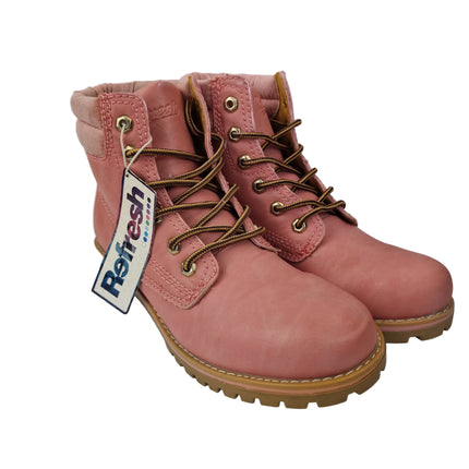 Refresh women's mountain boots pink color military casual boot track sole caramel laces leather insole padded collar comfort pasarela concept