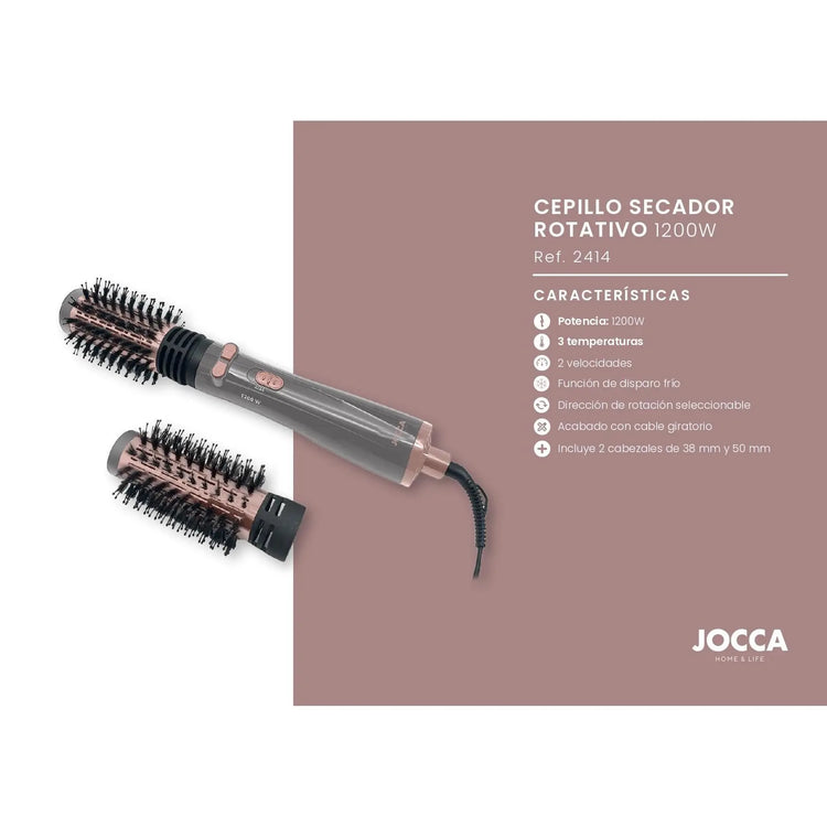 Jocca 3-in-1 rotary dryer brush: dryer, curler and volumizer, 3 temperatures, 2 speeds, two-way rotating head, 2 interchangeable brushes (38mm and 50mm), ceramic coating, 360 rotating cable ° , cold air blow, 1000-1200w