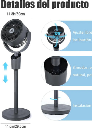 Ventilatore da terra silenzioso da 60 W con oscillazione omnidirezionale a 120º, 3 velocità turbo ed efficienza energetica - Ideale per soggiorno, camera da letto o ufficio