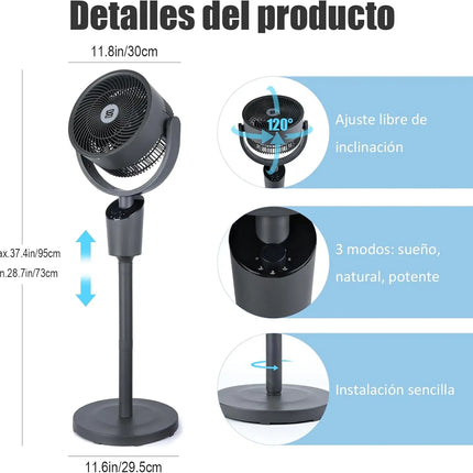 Ventilatore da terra silenzioso da 60 W con oscillazione omnidirezionale a 120º, 3 velocità turbo ed efficienza energetica - Ideale per soggiorno, camera da letto o ufficio