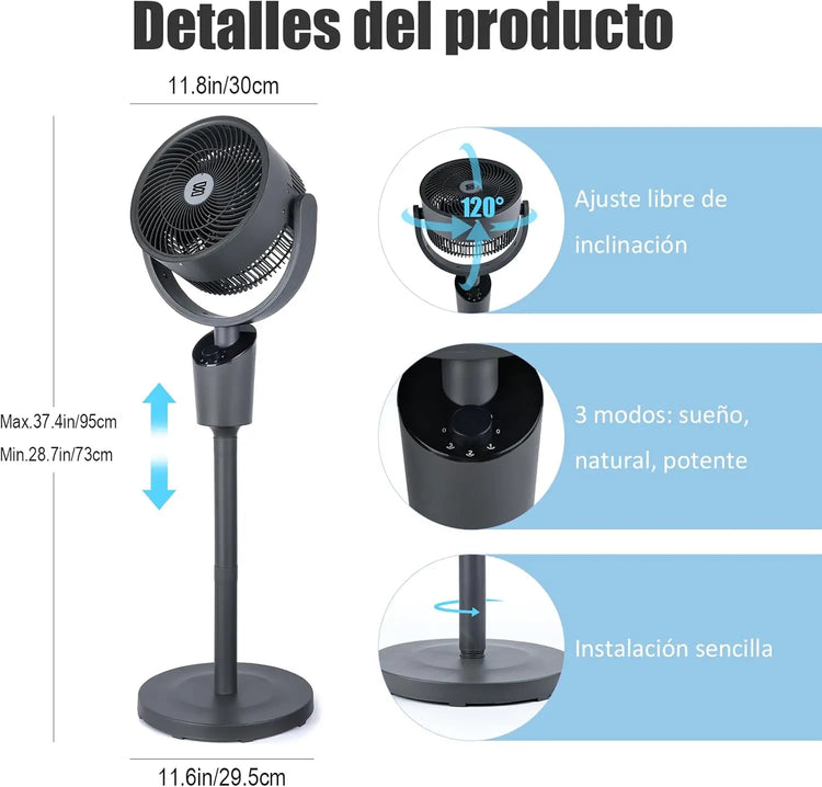Ventilatore da terra silenzioso da 60 W con oscillazione omnidirezionale a 120º, 3 velocità turbo ed efficienza energetica - Ideale per soggiorno, camera da letto o ufficio