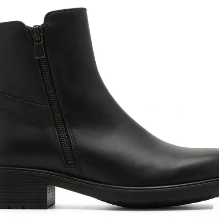 Elegant black ankle boot with side zipper and gold buckle and medium heel - lantian