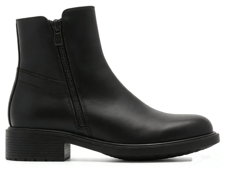 Elegant black ankle boot with side zipper and gold buckle and medium heel - lantian
