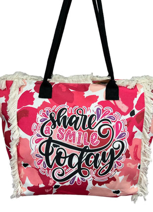 MIGLIORATA Borsa da spiaggia o da piscina grande con LEUCI stampe con la frase {HAN UN SMILE HOJE} con frange di cotone bianco, misura 55*37*19CM. contiene tasche interne e fodere. Tessuto 100% poliestere