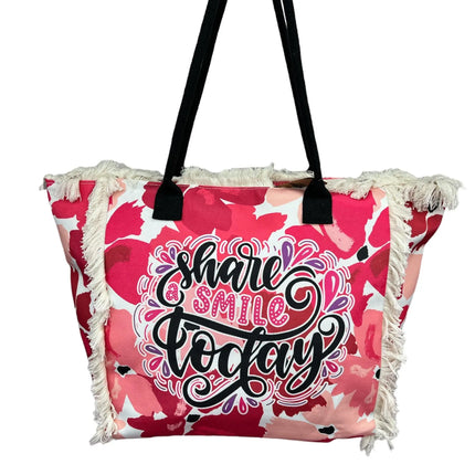 MIGLIORATA Borsa da spiaggia o da piscina grande con LEUCI stampe con la frase {HAN UN SMILE HOJE} con frange di cotone bianco, misura 55*37*19CM. contiene tasche interne e fodere. Tessuto 100% poliestere