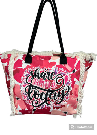 MIGLIORATA Borsa da spiaggia o da piscina grande con LEUCI stampe con la frase {HAN UN SMILE HOJE} con frange di cotone bianco, misura 55*37*19CM. contiene tasche interne e fodere. Tessuto 100% poliestere