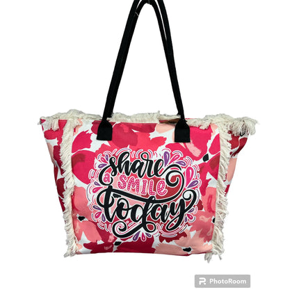 MIGLIORATA Borsa da spiaggia o da piscina grande con LEUCI stampe con la frase {HAN UN SMILE HOJE} con frange di cotone bianco, misura 55*37*19CM. contiene tasche interne e fodere. Tessuto 100% poliestere