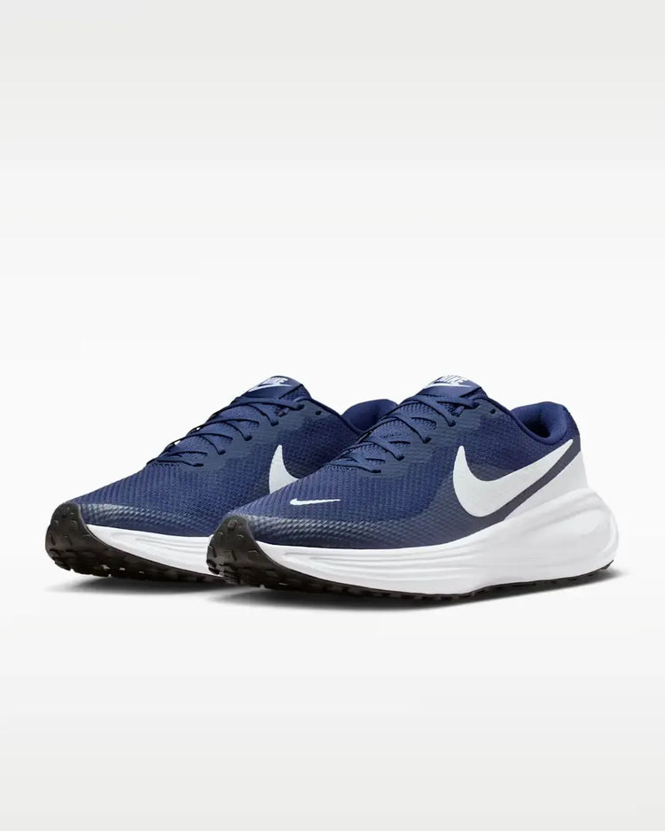 Nike Revolution 8 Midnight Navy Running Shoes for Men, featuring breathable mesh upper, foam midsole for cushioning, and a 10mm drop, ideal for comfortable asphalt running.