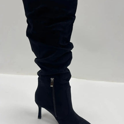Women's black suede stiletto heel high boots elegant sophisticated modern wrinkled style-j6186