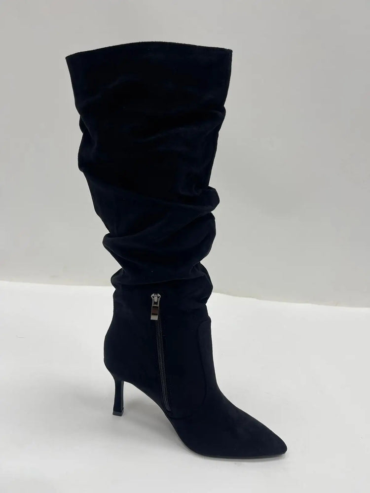 Women's black suede stiletto heel high boots elegant sophisticated modern wrinkled style-j6186