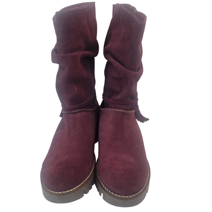 Top 3 women's mid-calf boots burgundy color casual boot suede leather made in spain slouchy style wrinkled tassels track 5 cm without zipper