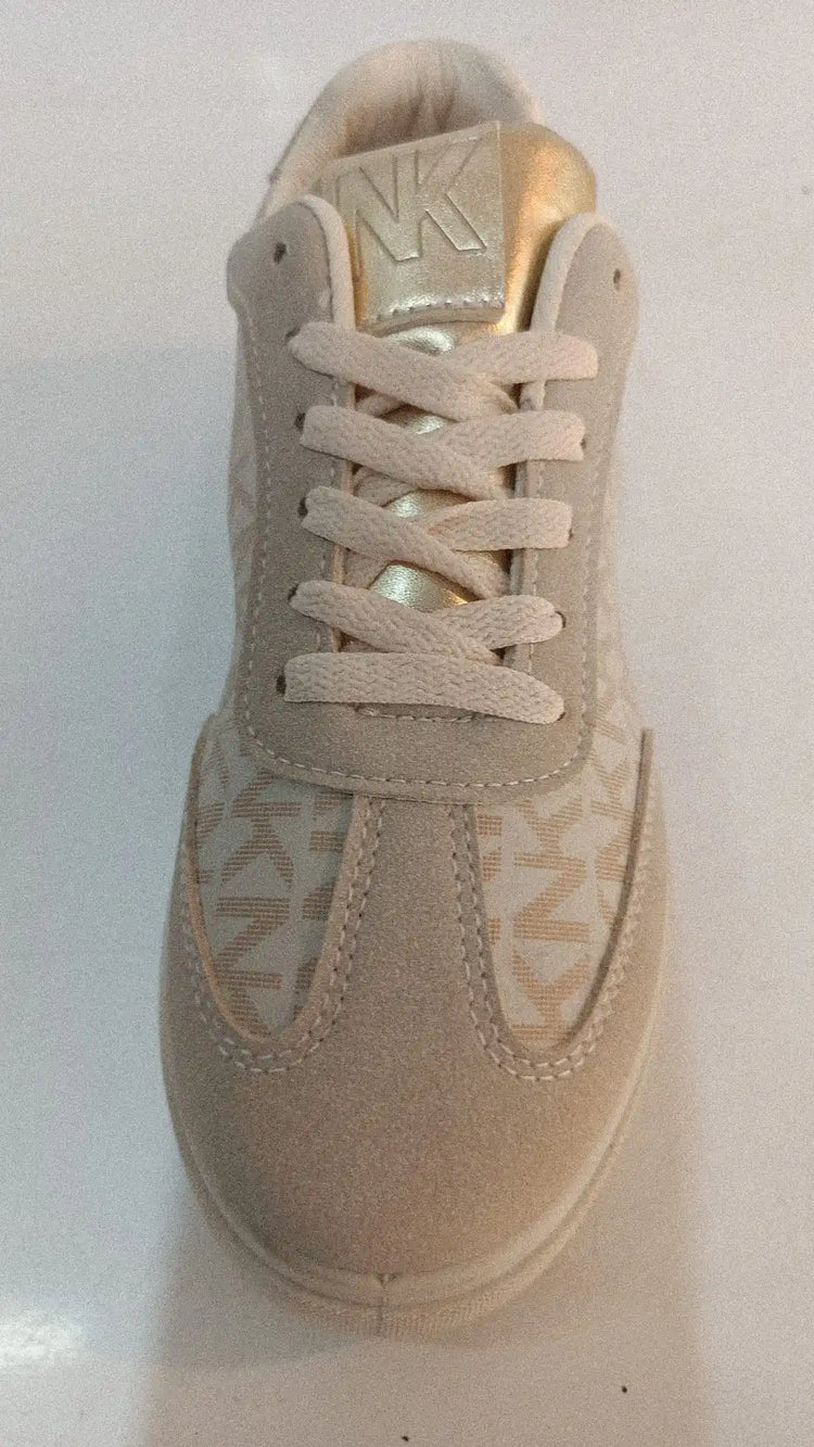 Stylish Comfortable Platform Sneakers for Women, made of synthetic material in white and light gray with a chic KMK monogram, perfect for casual wear and versatile enough to pair with jeans or dresses.
