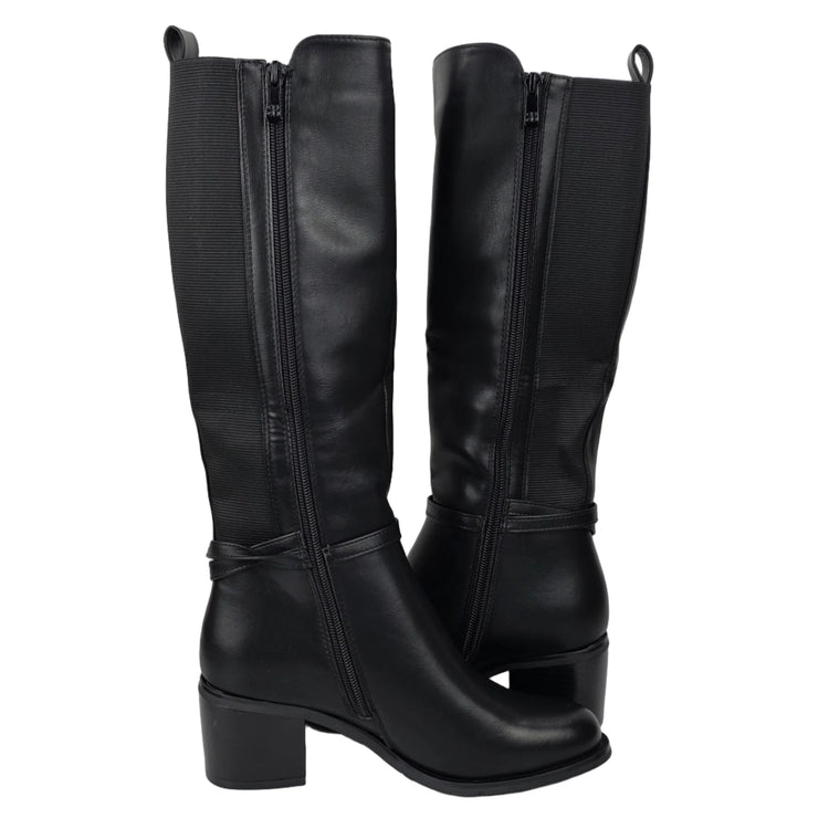 Pasarela concept women's high heel boots black color casual boot leather effect slouchy equestrian stirrup gold double elastic twin wide