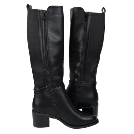 Pasarela concept women's high heel boots black color casual boot leather effect slouchy equestrian stirrup gold double elastic twin wide