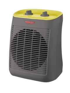 ABRILA Electric Fan Heater Taray 2000W in Grey/Yellow, with adjustable thermostat, three modes (air, warm, hot), anti-tip protection, and dimensions of 31x21x19cm, ideal for efficient heating in any room.