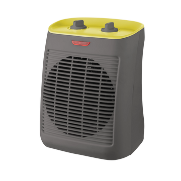 ABRILA Electric Fan Heater Taray 2000W in Grey/Yellow, with adjustable thermostat, three modes (air, warm, hot), anti-tip protection, and dimensions of 31x21x19cm, ideal for efficient heating in any room.