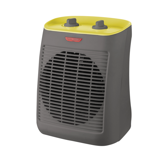 ABRILA Electric Fan Heater Taray 2000W in Grey/Yellow, with adjustable thermostat, three modes (air, warm, hot), anti-tip protection, and dimensions of 31x21x19cm, ideal for efficient heating in any room.