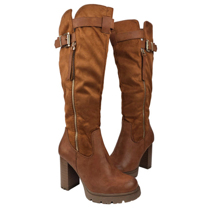 Pasarela concept high heel boots for women camel color casual boot combined slouchy buckle