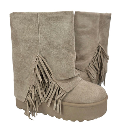 Pasarela concept women's australian boots beige color casual boot suede fringe boho platform chunky track 5 cm fur lined winter