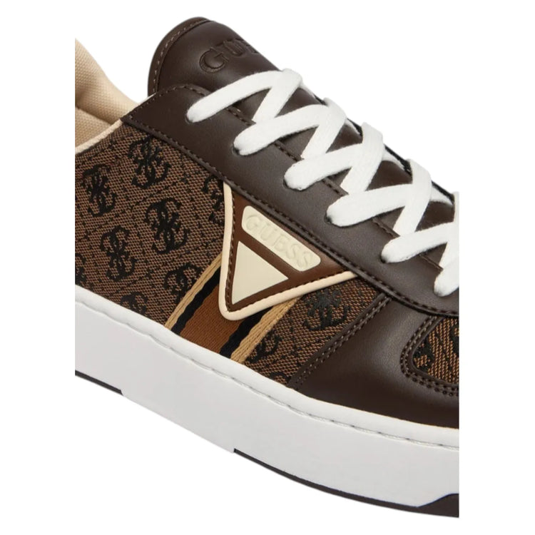 Guess Men's Sneakers Vincent 4G Triangle Logo Brown, made of leather and cotton with a round toe, 3.2 cm sole height, perfect for casual and athletic wear, ideal for autumn and spring seasons.
