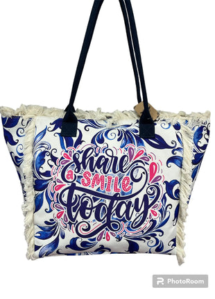 MIGLIORATA Borsa da spiaggia o da piscina grande con LEUCI stampe con la frase {HAN UN SMILE HOJE} con frange di cotone bianco, misura 55*37*19CM. contiene tasche interne e fodere. Tessuto 100% poliestere