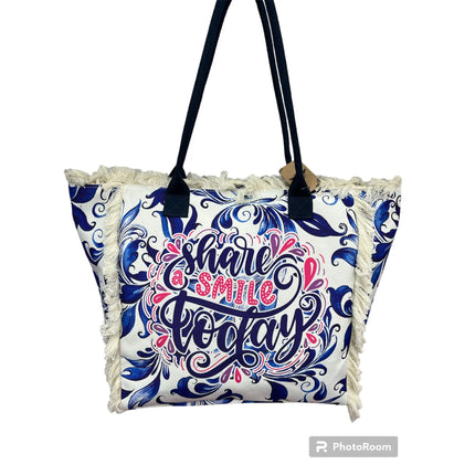 MIGLIORATA Borsa da spiaggia o da piscina grande con LEUCI stampe con la frase {HAN UN SMILE HOJE} con frange di cotone bianco, misura 55*37*19CM. contiene tasche interne e fodere. Tessuto 100% poliestere