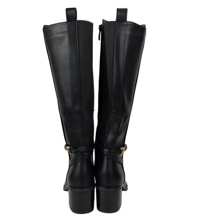 Pasarela concept women's high heel boots black color casual boot leather effect slouchy equestrian stirrup gold double elastic twin wide