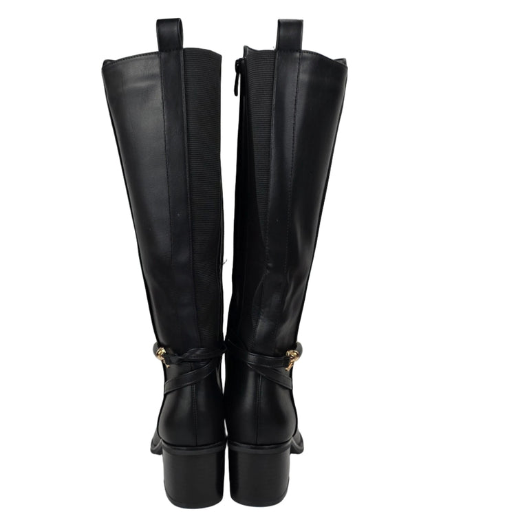 Pasarela concept women's high heel boots black color casual boot leather effect slouchy equestrian stirrup gold double elastic twin wide