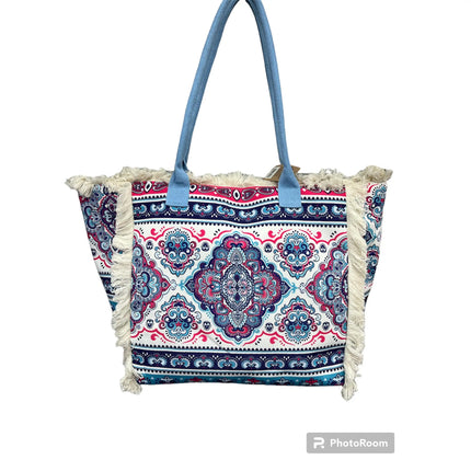 MIGLIORATA Borsa grande da spiaggia o piscina con stampe originali e frange di nappine in cotone bianco, dimensioni 55*37*19 cm. Dotata di tasche interne e fodera. Tessuto 100% poliestere.