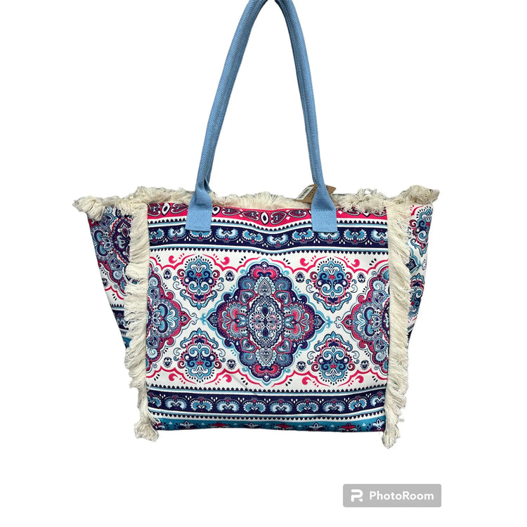 MIGLIORATA Borsa grande da spiaggia o piscina con stampe originali e frange di nappine in cotone bianco, dimensioni 55*37*19 cm. Dotata di tasche interne e fodera. Tessuto 100% poliestere.