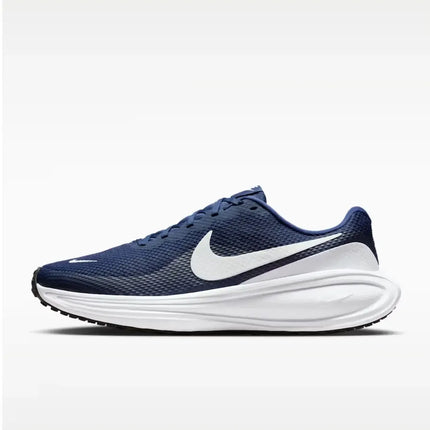 Nike Revolution 8 Midnight Navy Running Shoes for Men, featuring breathable mesh upper, foam midsole for cushioning, and a 10mm drop, ideal for comfortable asphalt running.