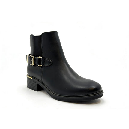 Elegant black ankle boot with side zipper and gold buckle and medium heel - lantian