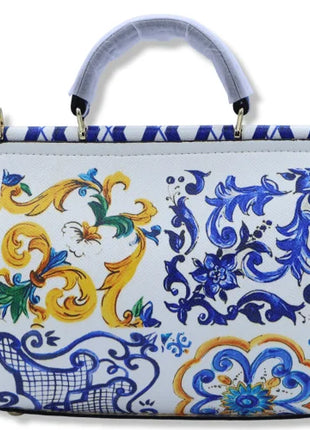 Borsa a tracolla con manico, decorazione in Maioliche siciliane e Limoni su sfondo bianco, disponibile in 2 misure.