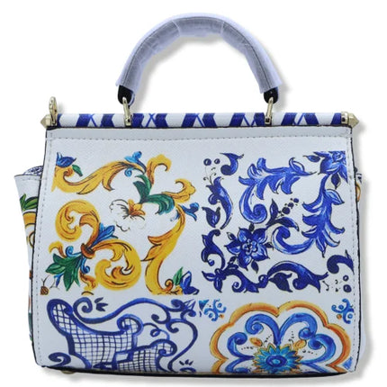 Borsa a tracolla con manico, decorazione in Maioliche siciliane e Limoni su sfondo bianco, disponibile in 2 misure.