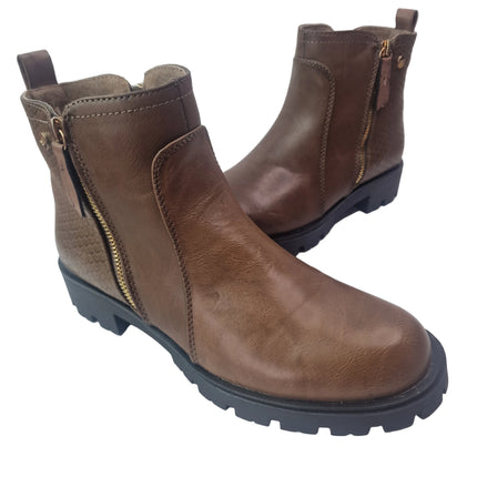 Xti track ankle boots women color brown casual military boot serrated sole microfiber snake engraving fur lining zipper comfort pasarela concept