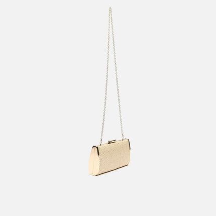 Borsa a spalla da festa Retni, piccola, effetto rafia, con catena.