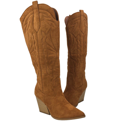 Women's high cowboy boot camel color country boots heel 8.5 cm embroidered wings suede side zipper western style runway concept