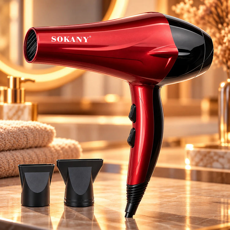 Professional Hair Dryer Sokany 2400W with Fast Drying, featuring 2 Speeds, 2 Temperatures, and 2 Concentrator Nozzles for Hair Care at Home or Salon Use.
