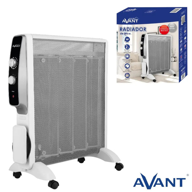 Mica Heater 2000W by Avant, fast and efficient electric radiator with adjustable thermostat, 2 power levels (1000W/2000W), modern safety features including overheating protection and anti-tip design, ideal for home heating.