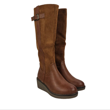 Pasarela concept women's high wedge boots camel color combined casual boot microfiber suede side buckle zipper lining hair comfort