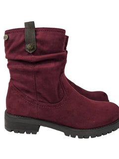 Xti women's mid-calf boots burgundy color casual boot suede slouchy style wrinkled sole track warm lining comfort leather insole