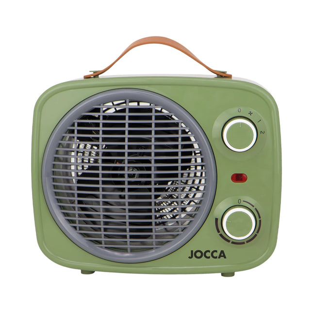 Vintage/Postmodern Jocca Heater with 1000/2000W Power, Green Color, 2-in-1 Heat and Fan Function, Adjustable Thermostat, Anti-Tip Safety System, Ideal for Home or Office Use, 220-240V ~ 50Hz.