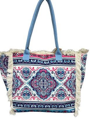 MIGLIORATA Borsa grande da spiaggia o piscina con stampe originali e frange di nappine in cotone bianco, dimensioni 55*37*19 cm. Dotata di tasche interne e fodera. Tessuto 100% poliestere.