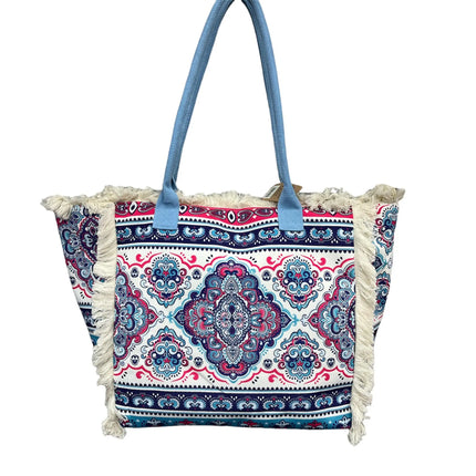 MIGLIORATA Borsa grande da spiaggia o piscina con stampe originali e frange di nappine in cotone bianco, dimensioni 55*37*19 cm. Dotata di tasche interne e fodera. Tessuto 100% poliestere.