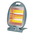 Halogen electric heater Jocca with quartz bars, ideal for small rooms like offices, bathrooms, or kitchens; 800W power, compact, foldable design, and includes safety features like a tip-over switch and a safety grid.