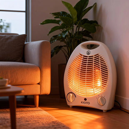 Portable Electric Heater CT2501 by hola led, 1000/2000W, features overheating and tilt safety, compact design (25 x 15 x 30 cm), lightweight (1.8 kg), perfect for bedrooms, offices, and small apartments.