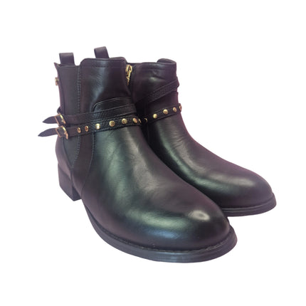 Xti women's chelsea boots black color casual biker boot gold studs buckle leather insole leopard lining zipper runway concept