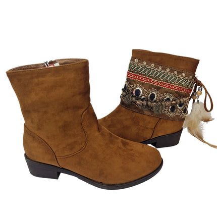 Pasarela concept women's country boots boho style 2 in 1 removable ethnic ribbon casual boot lined zipper non-slip rubber sole