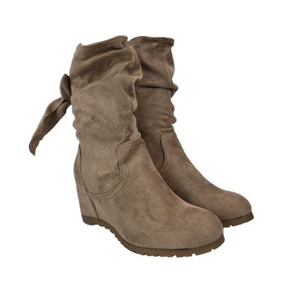 Pasarela concept women's hidden interior wedge ankle boots khaki color suede boot wrinkled shaft back bow side zipper fashion casual comfort