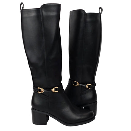 Pasarela concept women's high heel boots black color casual boot leather effect slouchy equestrian stirrup gold double elastic twin wide